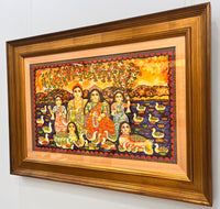 Jayasri Burman Indian Art Master painting. Close-up detail captures Intricate pen and ink line work and expressive figures.