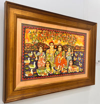Jayasri Burman original Painting Side angle view: Figurative painting of family of four seated against a backdrop of pond and hills.