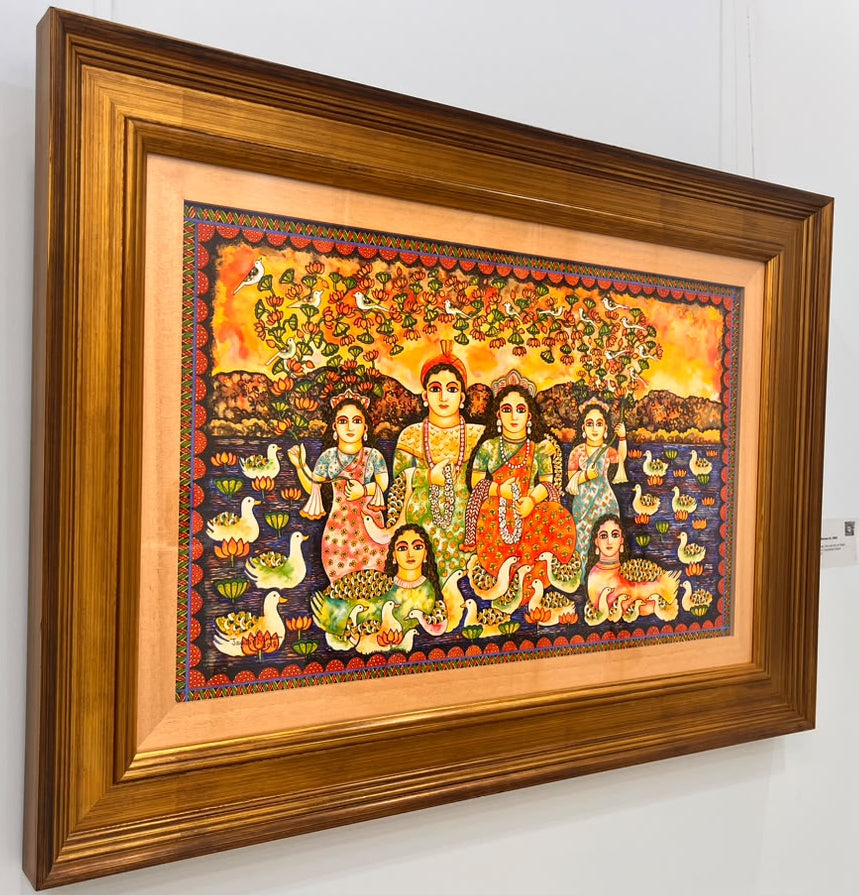 Jayasri Burman original Painting Side angle view: Figurative painting of family of four seated against a backdrop of pond and hills.