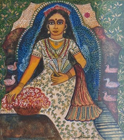 Jayasri Burman 2008 original painting Naika depicting a seated lady with Chinese fan