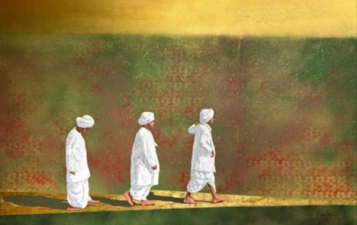 Three figures in white robes walking on a textured surface with a yellow and green background.