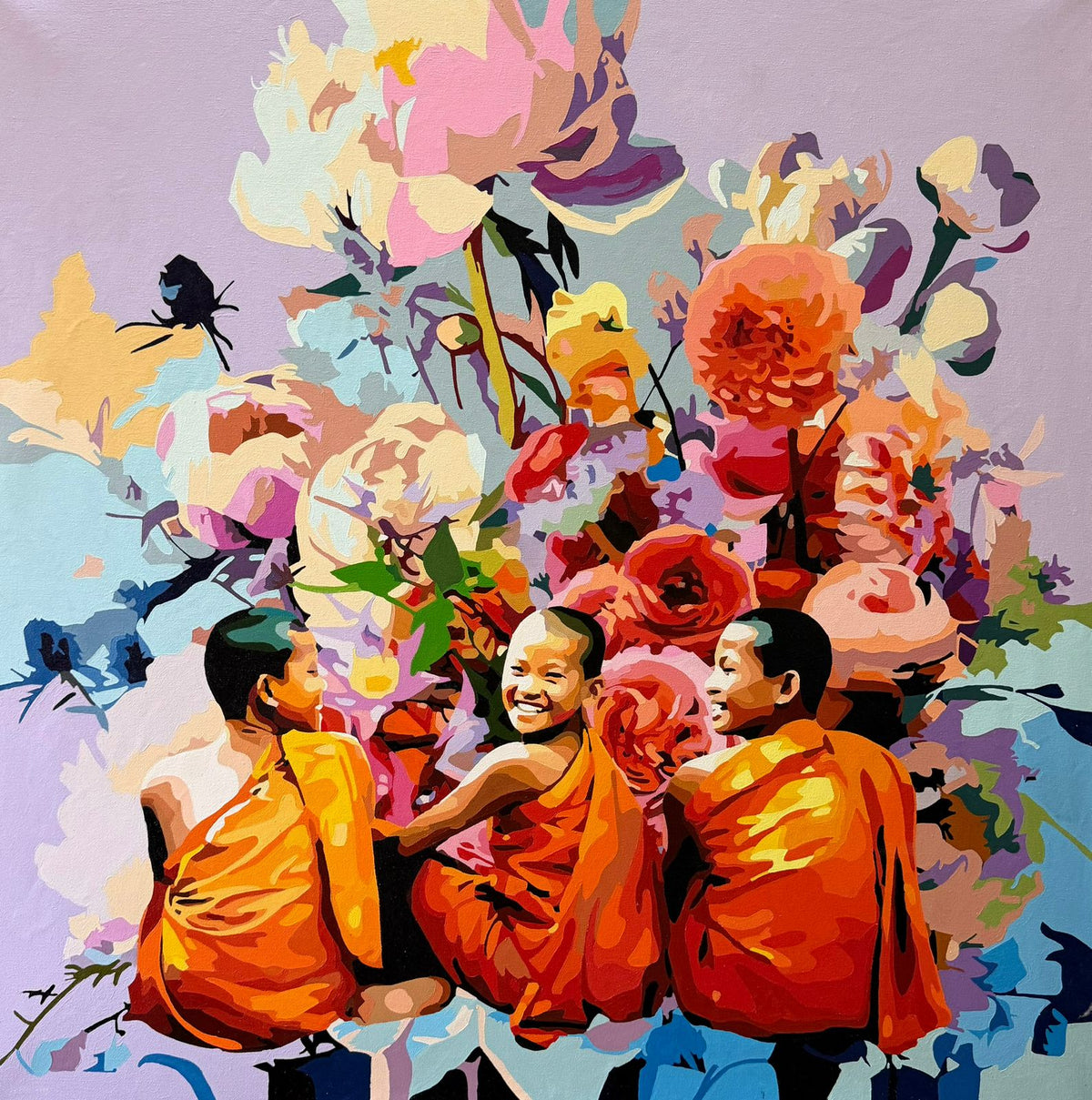 Three smiling young boy monks painting by Umakant Tawde with colorful floral backdrop painting