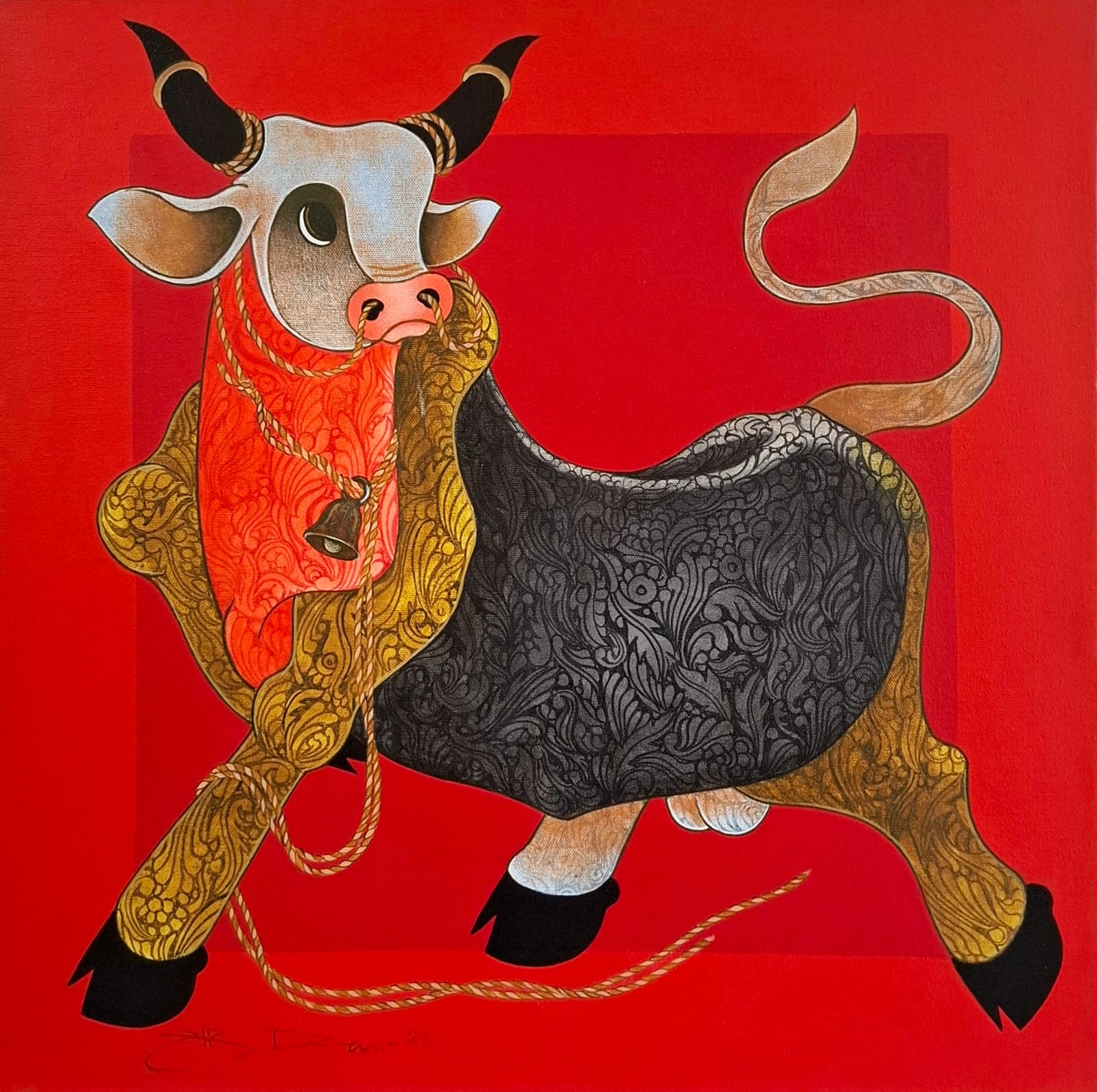 Joyful Nandi canvas painting by HR Das with brocade patterns in body on popping red backdrop.