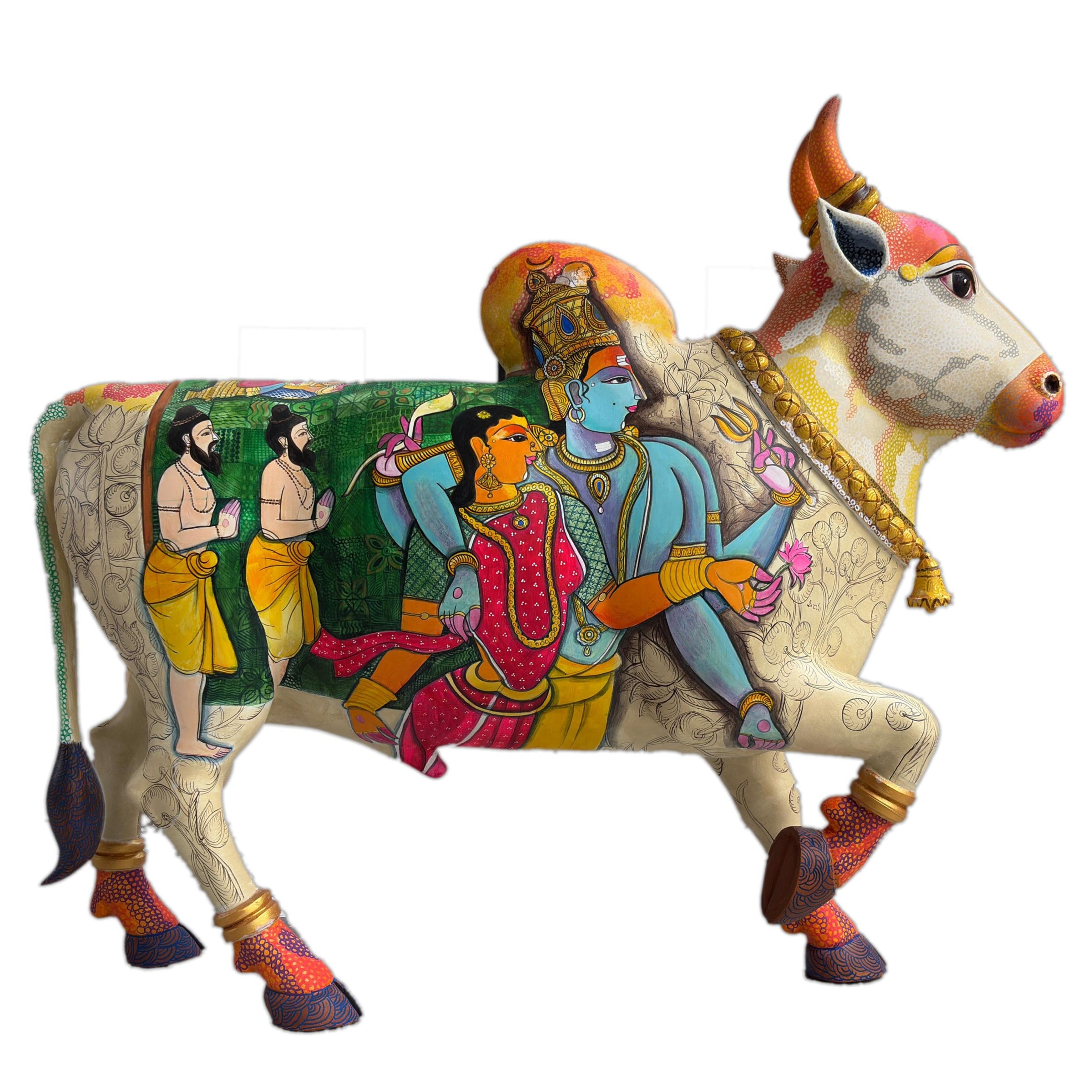 Colorful cow statue with artistic depiction on a white background of Gods in body.