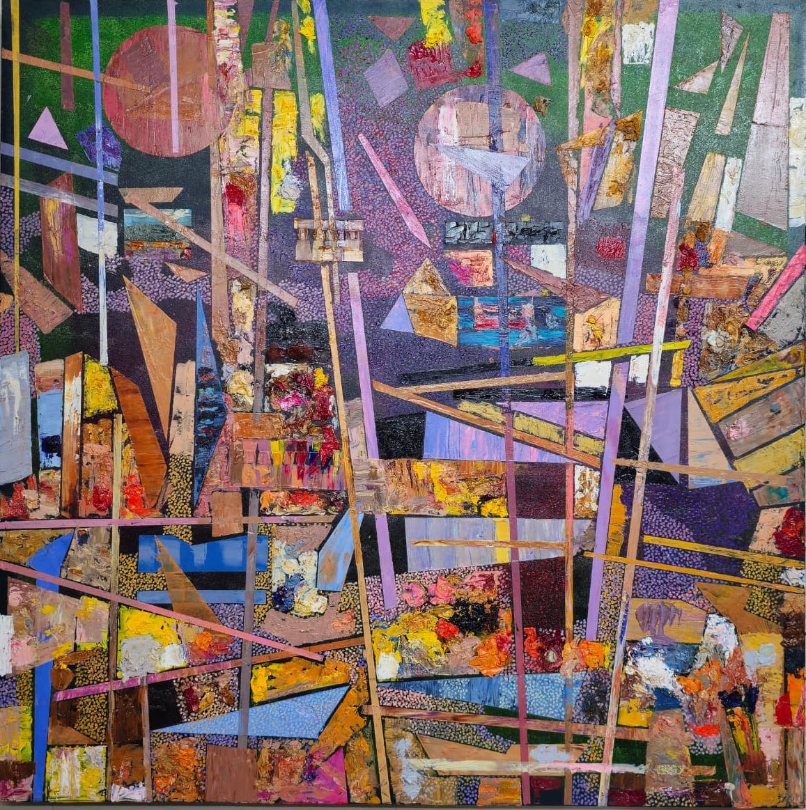 Contemporary geometric abstract oil painting by Kamar Alam featuring structured circles, triangles, and stripes peeking through layers of textured abstraction.