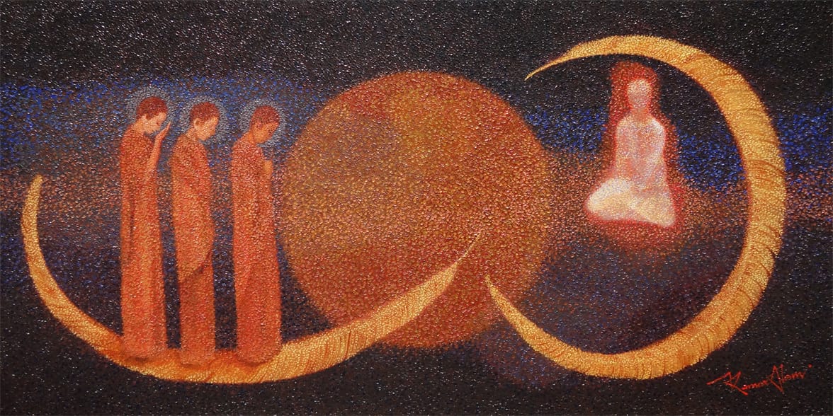 Contemporary oil painting by Kamar Alam featuring meditating Zen monks, rendered in a detailed pointillism concept style evoking spiritual calm and mindfulness.