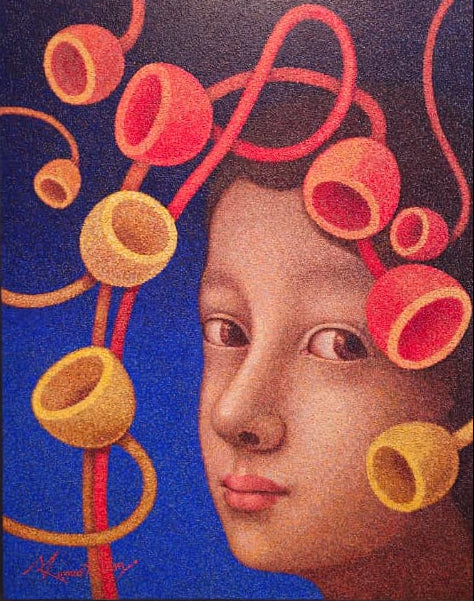 Blossoming series painting featuring a yound face with blooms behind; made using hand-painted dots.