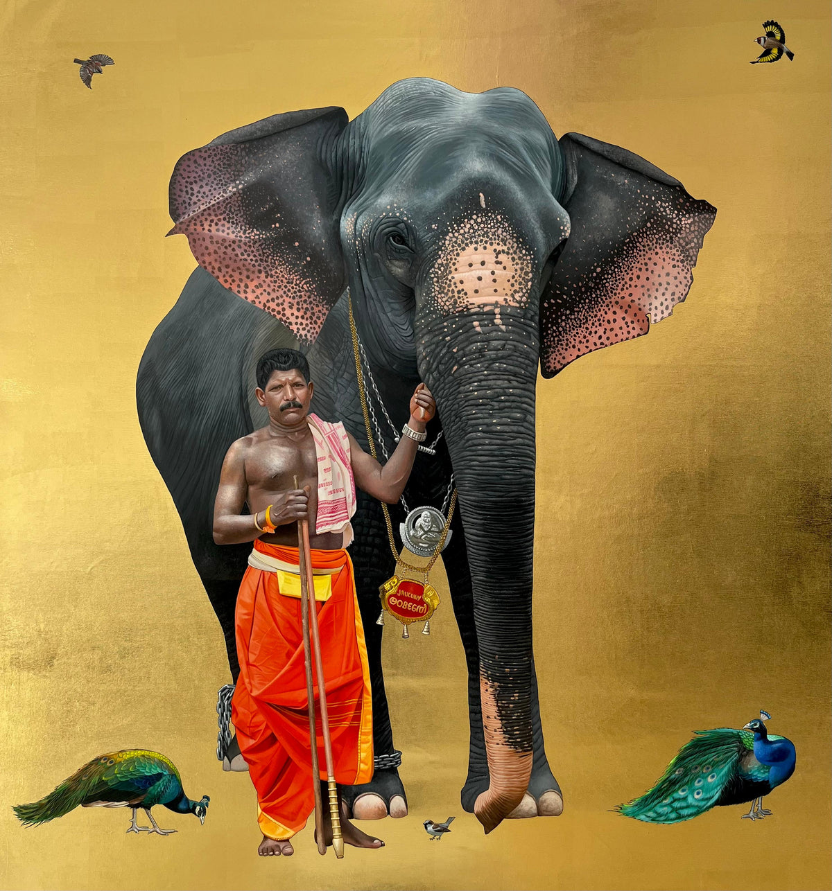 Indian figurative painting by Kapil Anant depicts elephant painting with caretaker in  Hyperrealism style on 22k gold foil canvas backdrop.