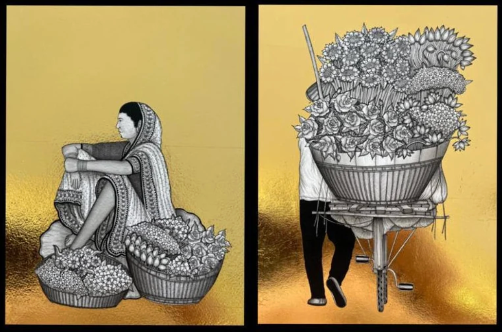 Set of two Kapil Anant gold foil and acrylic figurative artworks depicting  Indian flower sellers.