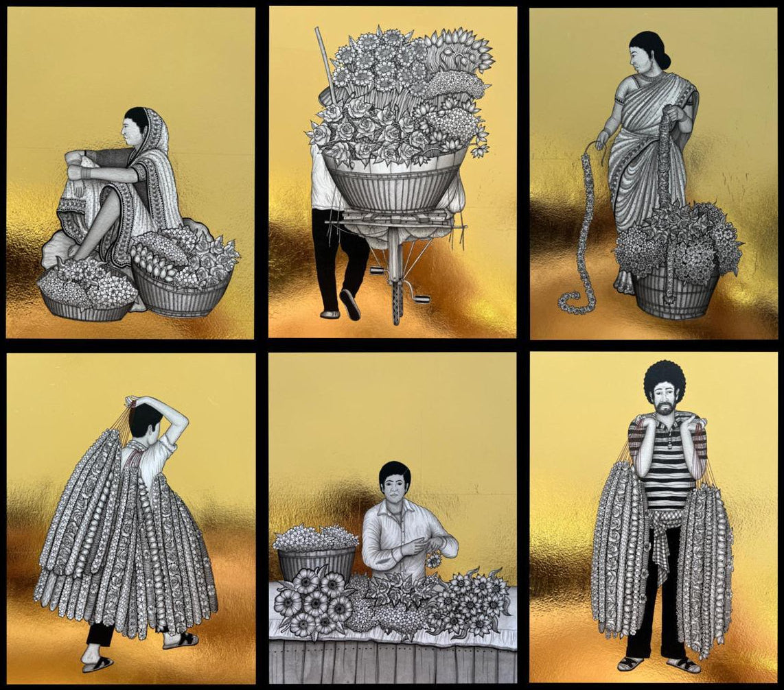 A framed six-panel artwork by Kapil Anant showing black-and-white illustrated figures  against a warm gold background. 