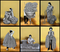 A framed six-panel artwork by Kapil Anant showing black-and-white illustrated figures  against a warm gold background. 