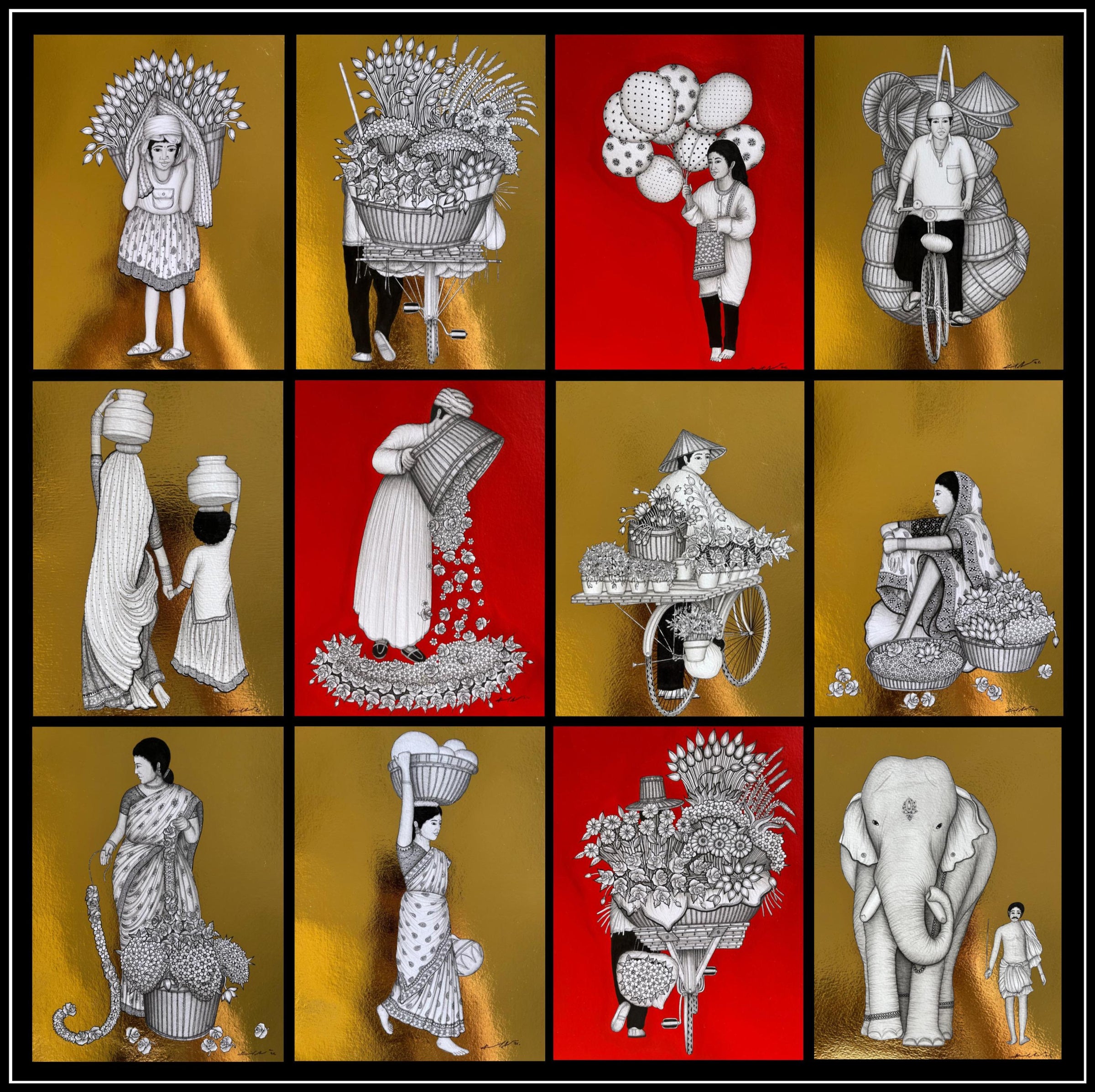 Kapil Anant 12-piece set from Incredible India series. A painting set of acrylic and 22K gold foil paintings featuring Indian street sellers.