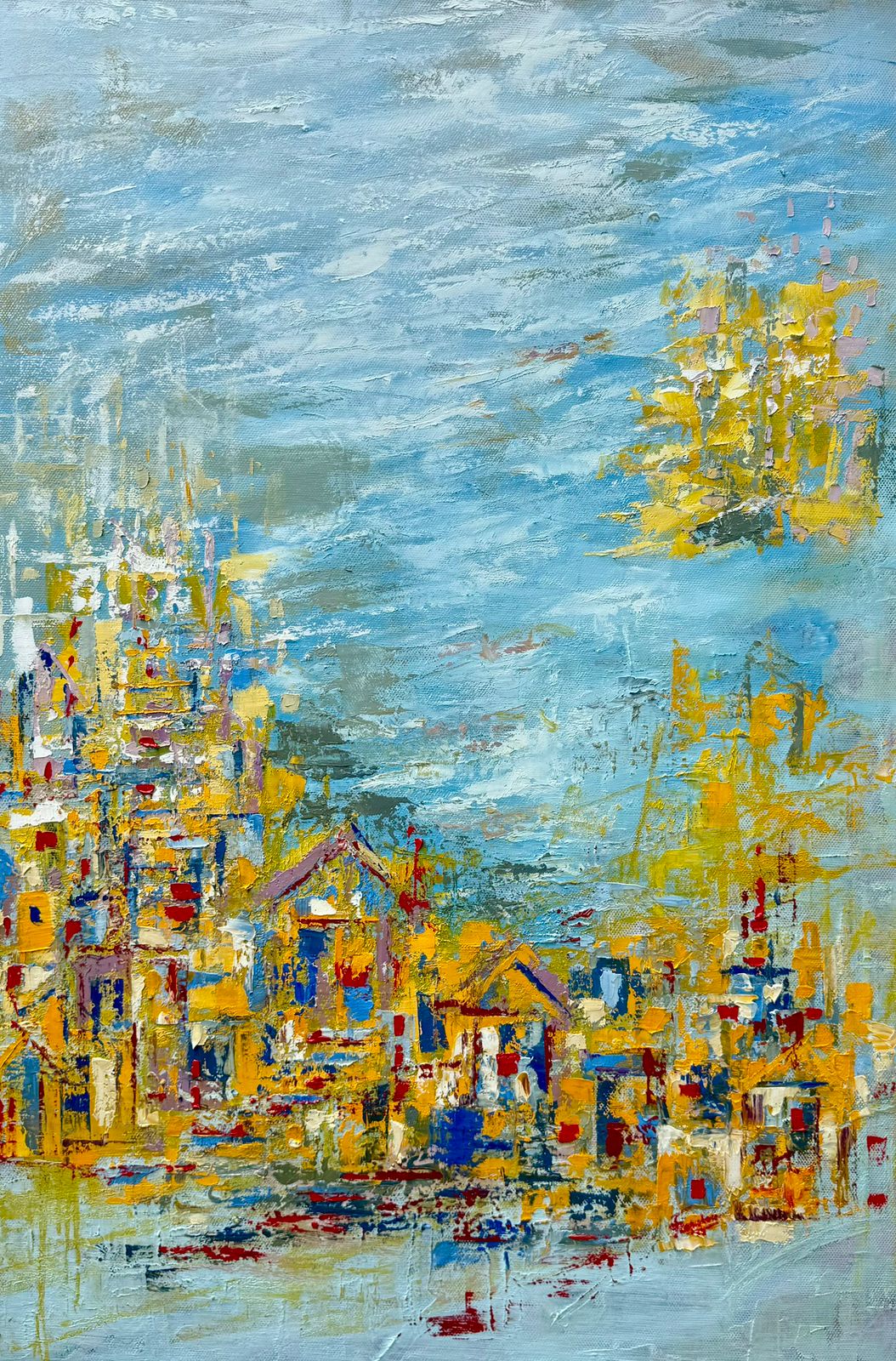 Karishma Wadhwa's fine art abstract cityscape painting with line drawing hamlet painted on blue canvas.