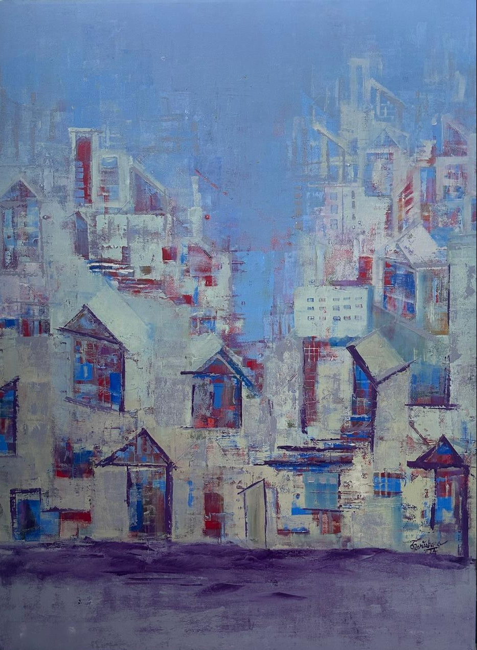 Vertical abstract cityscape painting by Karishma Wadhwa washed in soft blue and grey-blue tones.