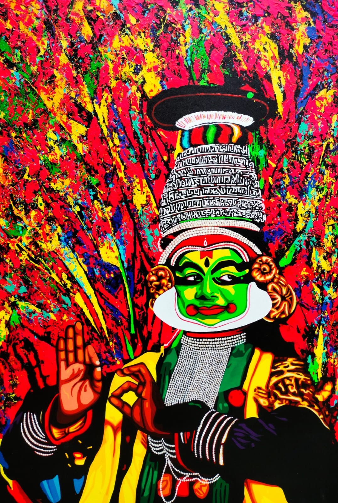 Realistic painting of a Kathakali dancer showing mudras and intense facial expressions. Art by Sujit Karmakar.