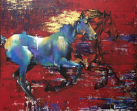 Two beautiful satiations displaying power and agility in red abstract background.