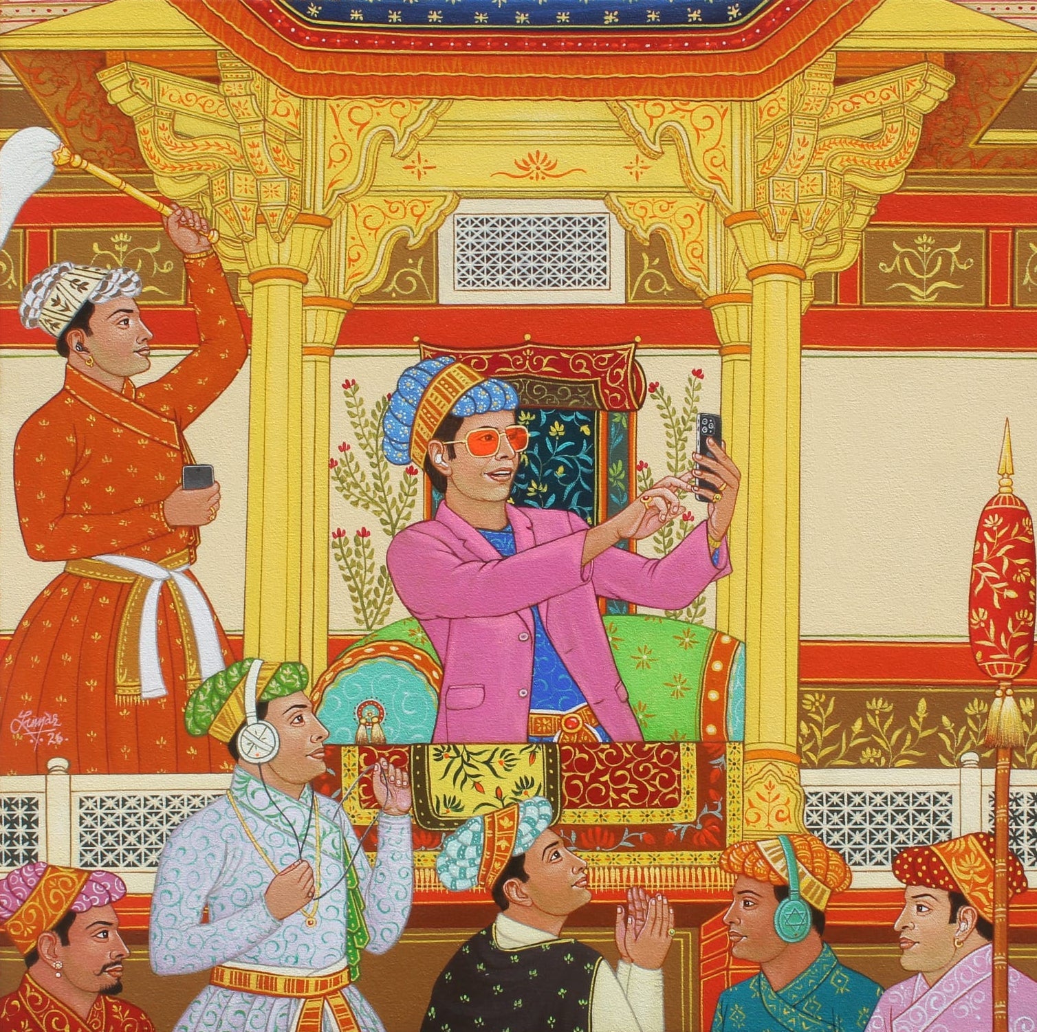 Small painting of a Mughal king holding a smartphone to take a selfie in a traditional court.