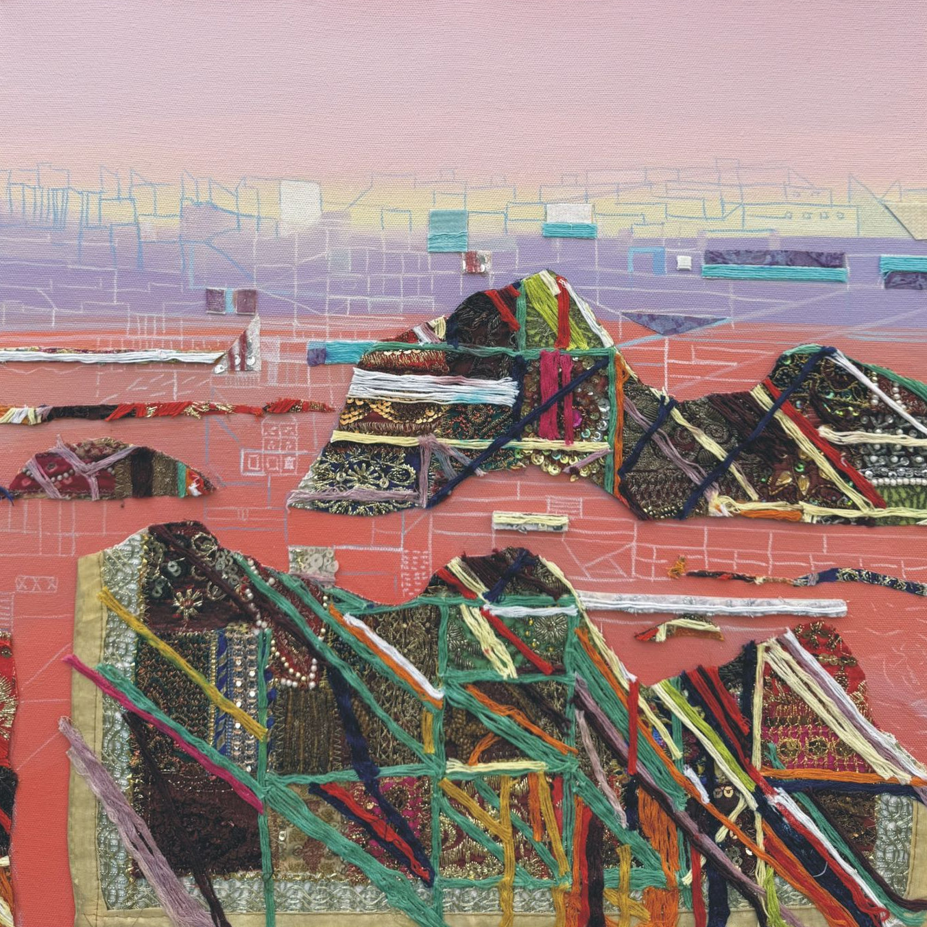 Abstract art piece by Kishore Kumar titled 'The Architecture of memories-VI' with geometric shapes and patterns that loook like an abstract landscape.