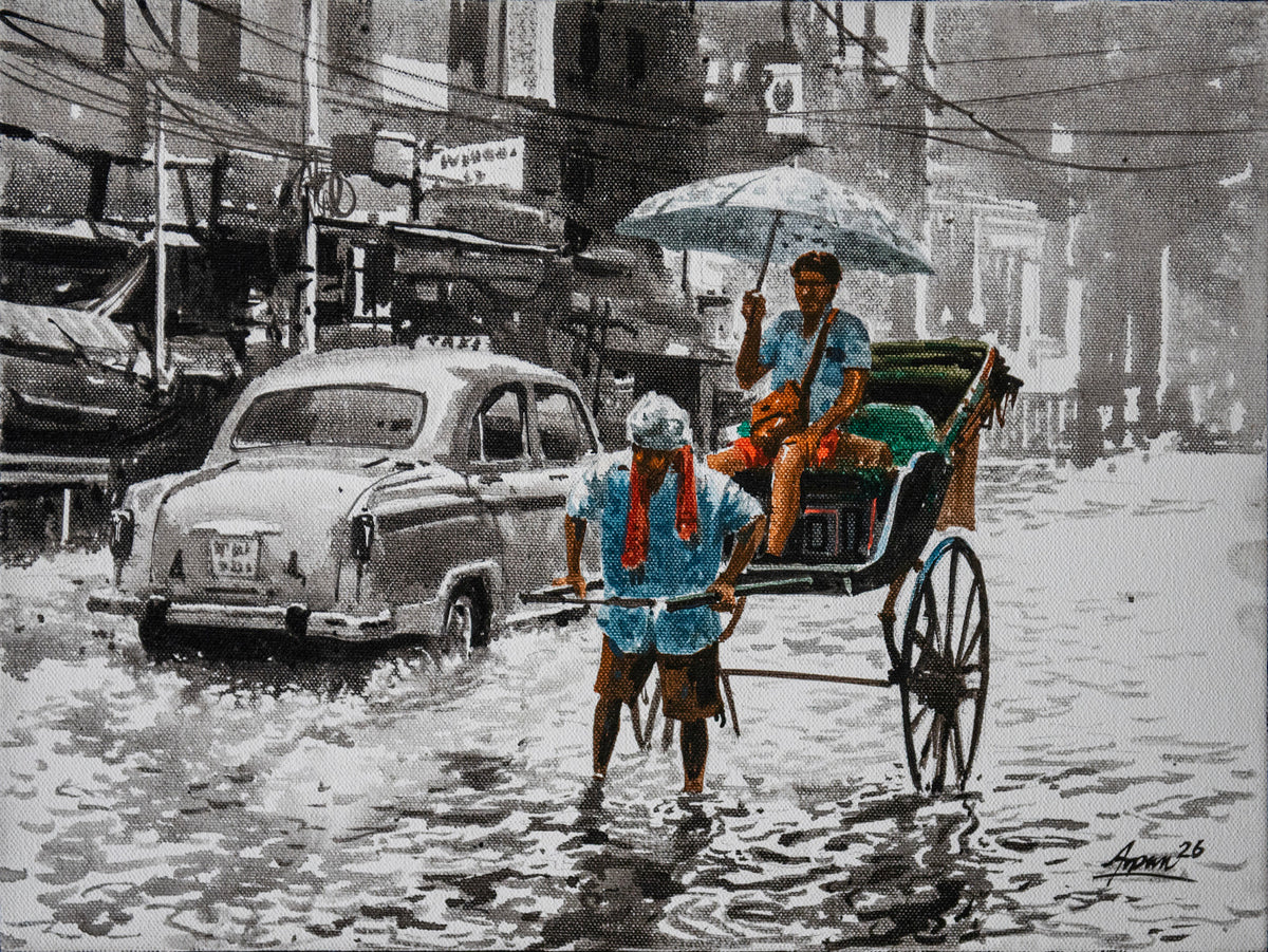 Kolkata hand-pulled rickshaw painting in monsoon monochrome by Arpan Bhowmik