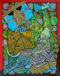 Lord Krishna Kalamkari style spiritual Indian painting by Ramesh Gorjala with two faced composition.