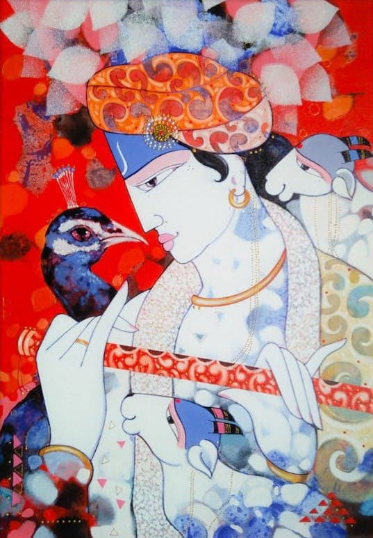 Vibrant red artwork of Krishna playing flute with a peacock in the background.