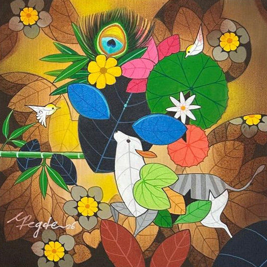 Spiritual Oil painting showcases Lord Krishnas face emerging from floral elements.