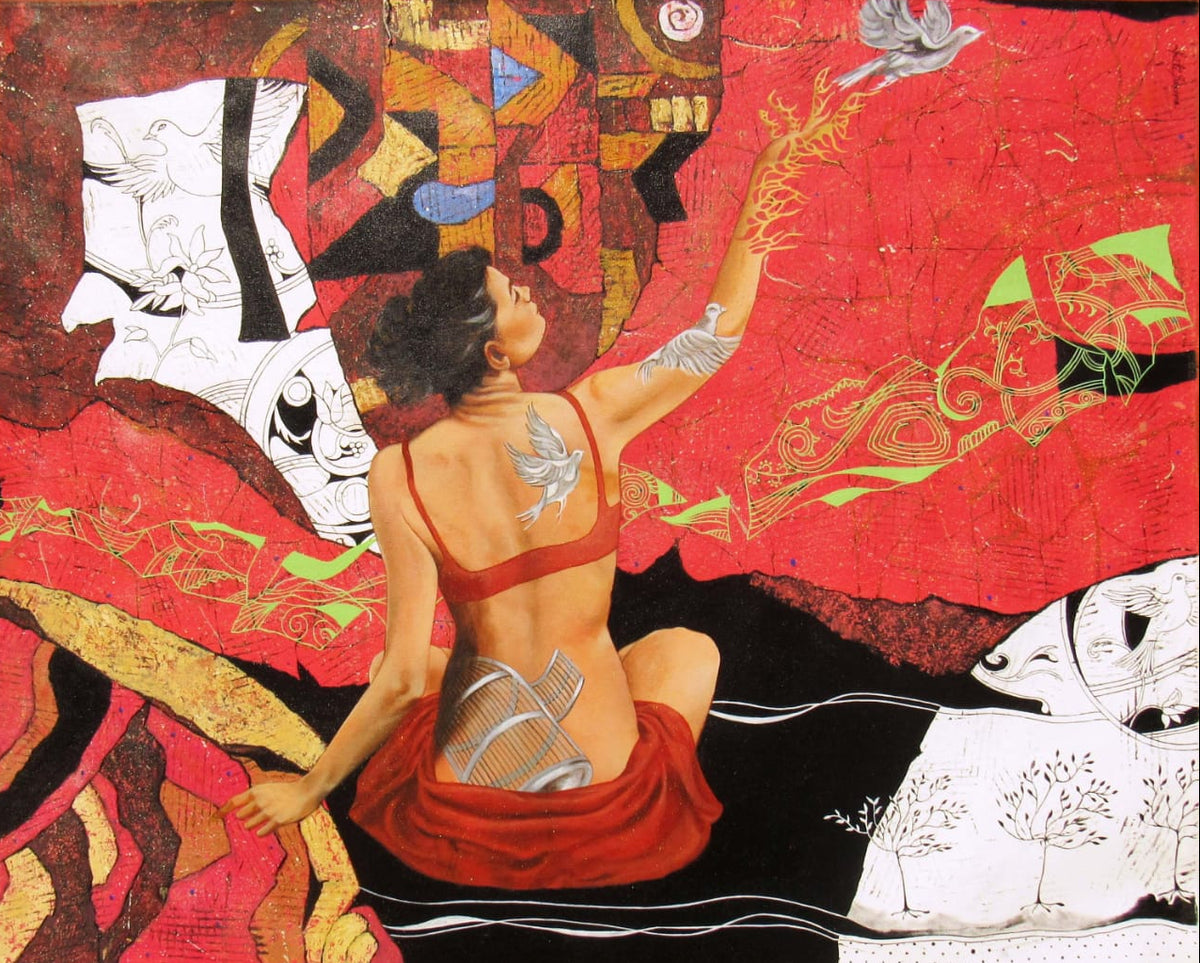 Kriti Saxena conceptual figurative painting features a seated woman releasing birds from branch-like hands. 