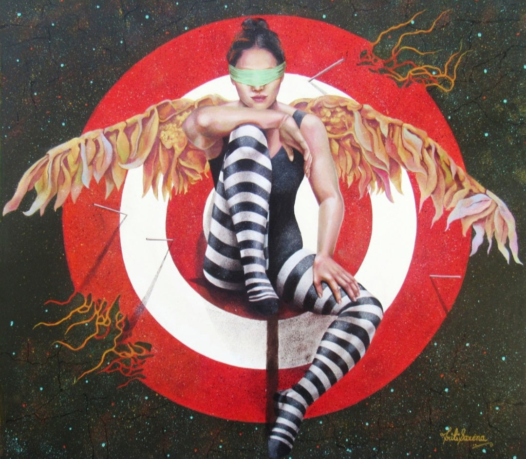 Kriti Saxena painting of a blindfolded superhero woman with golden wings.