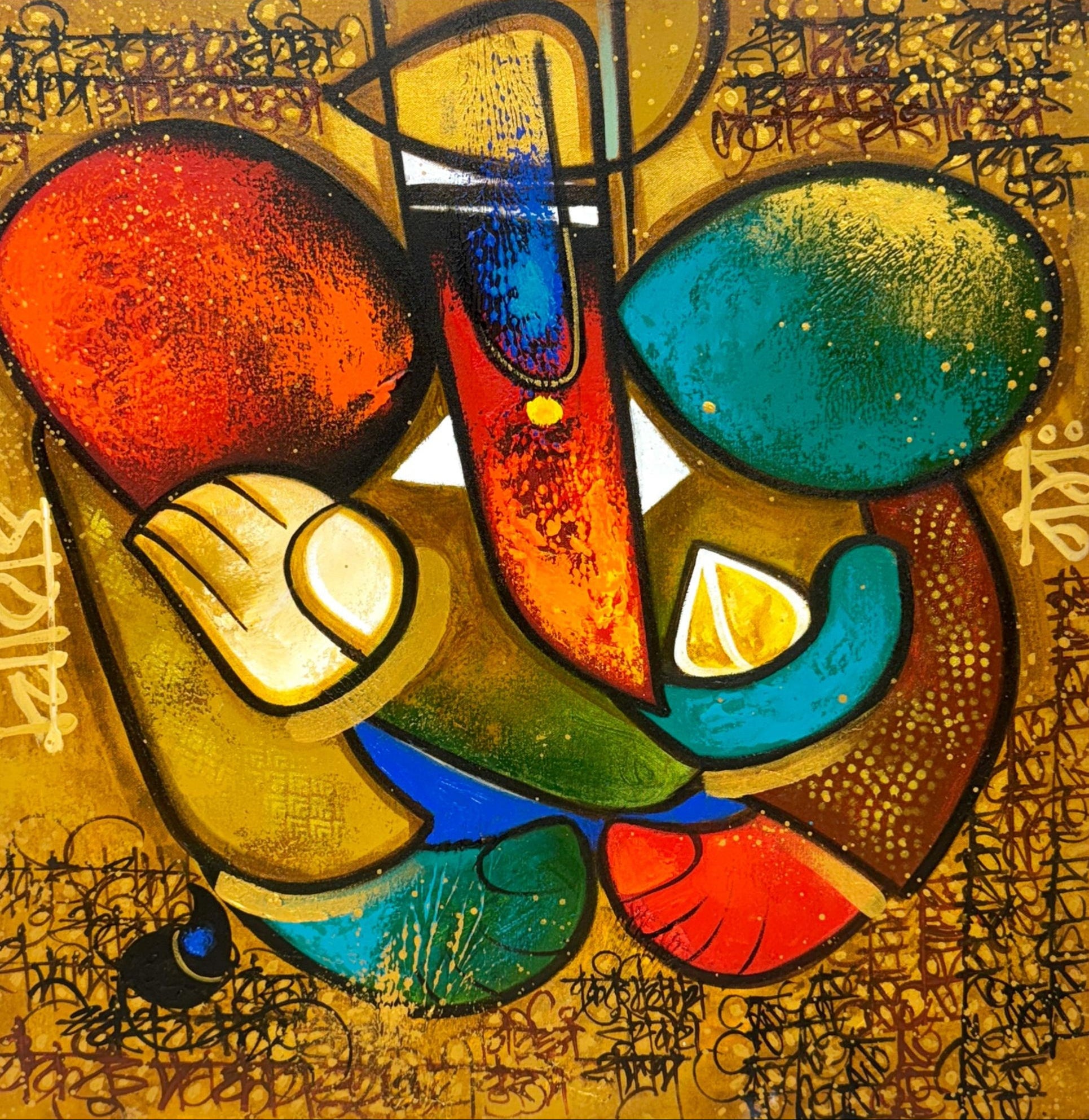 Lord Ganesha Painting in unique sbstract style with heavy calligraphic test in background.i The artist uses bold primary colors to depicts Ganesha body against gold backdrop. 