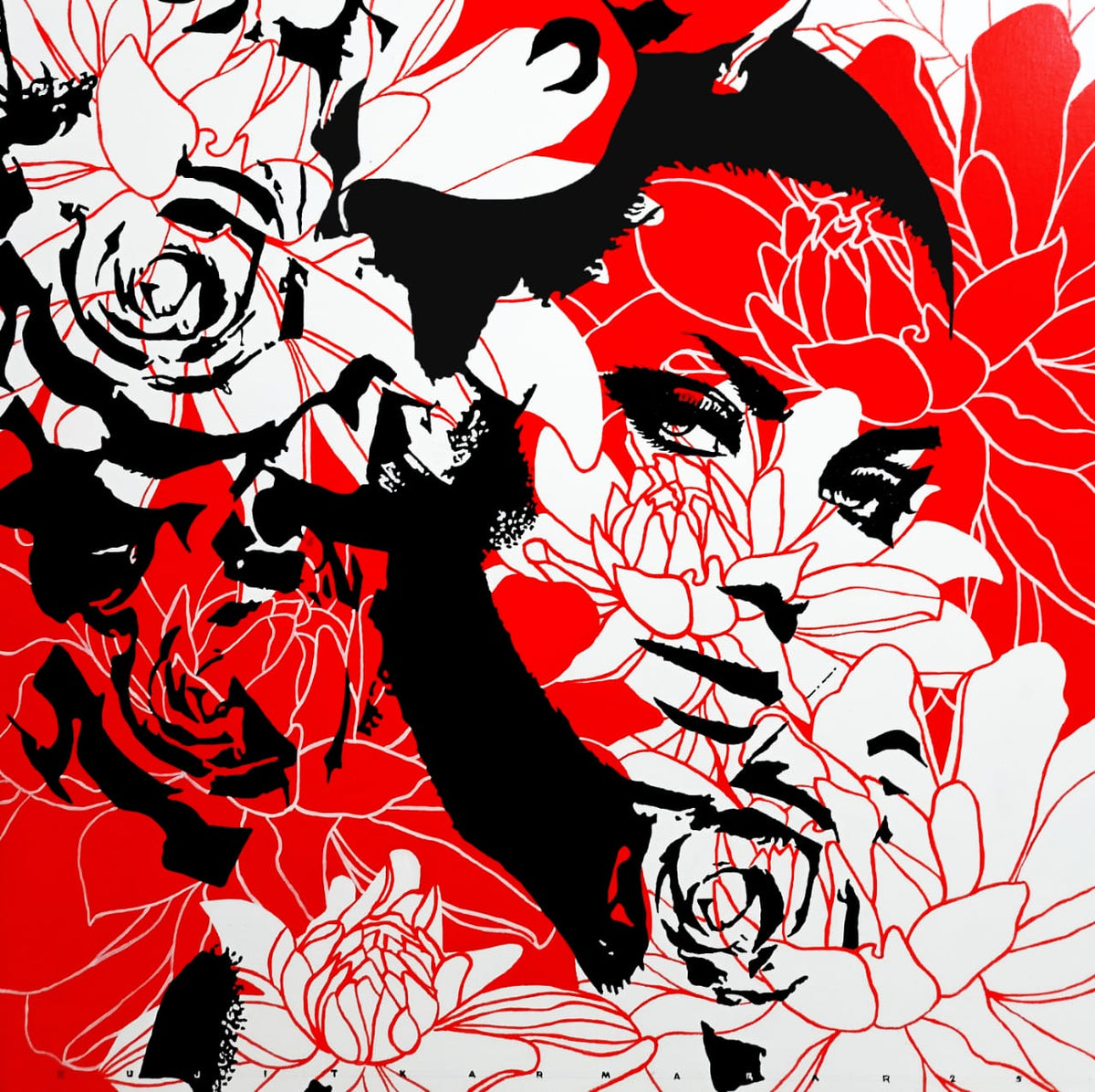 Sujit's captures Global Icon Themes like Lady In Red against a vibrant floral backdrop.