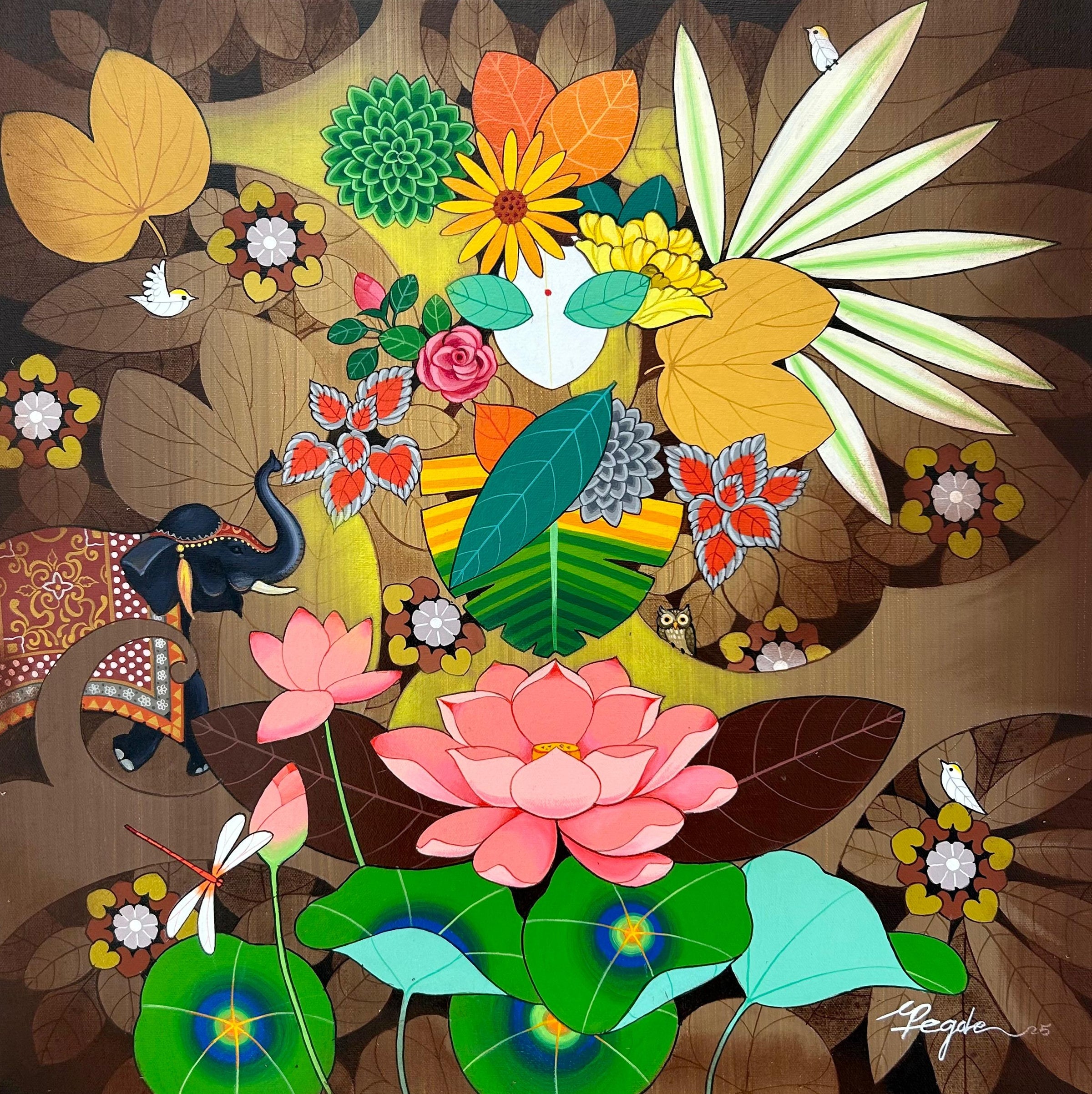 Colorful floral and nature-themed artwork with various flowers and leaves on a brown background.