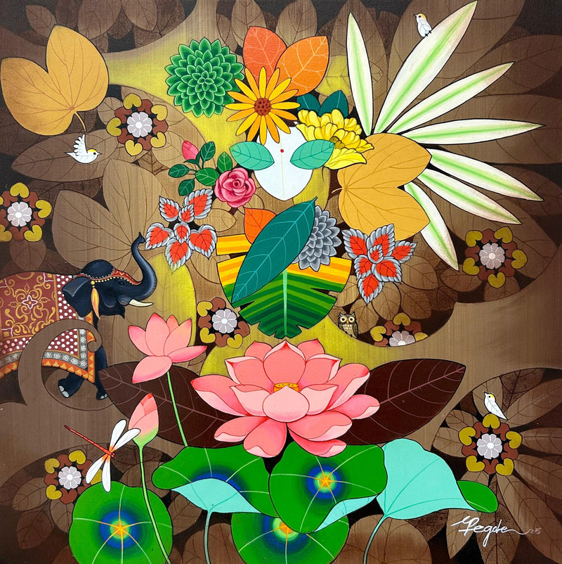 Colorful floral and nature-themed artwork with various flowers and leaves on a brown background.
