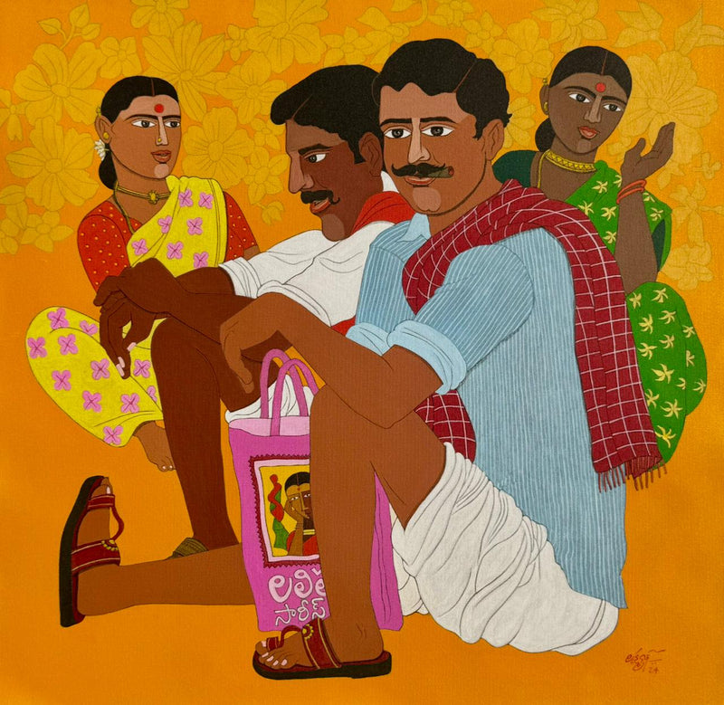 Dr Laxman Aelay artwork from Poolama series featuring villagers in floral backdrop. 
