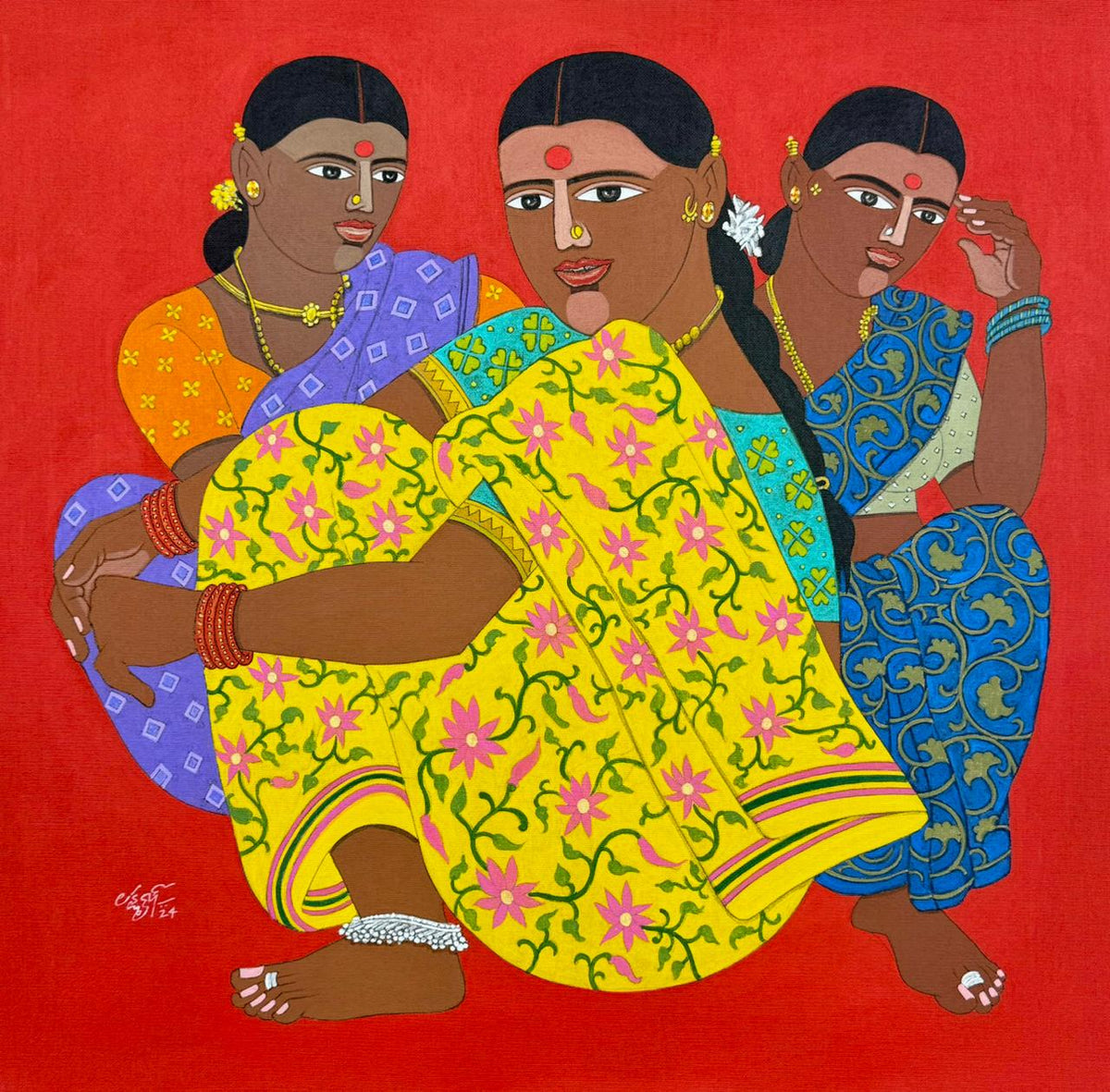 The portrayal of women as a representation of the goddess Poolamma, derived from this native Bathukamma festivity. Featuring three women from Telangana