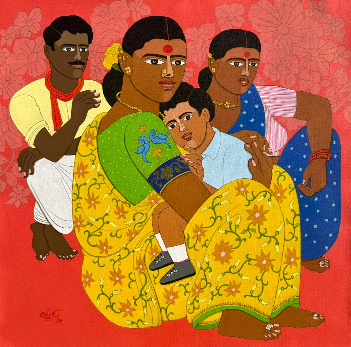 Artwork featuring men and women of Telangana