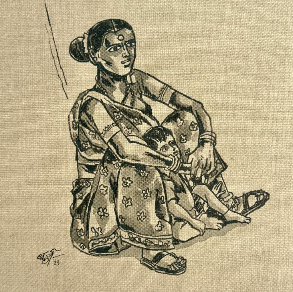 Pen and Ink work by Dr Laxman Aelay from song of the village series