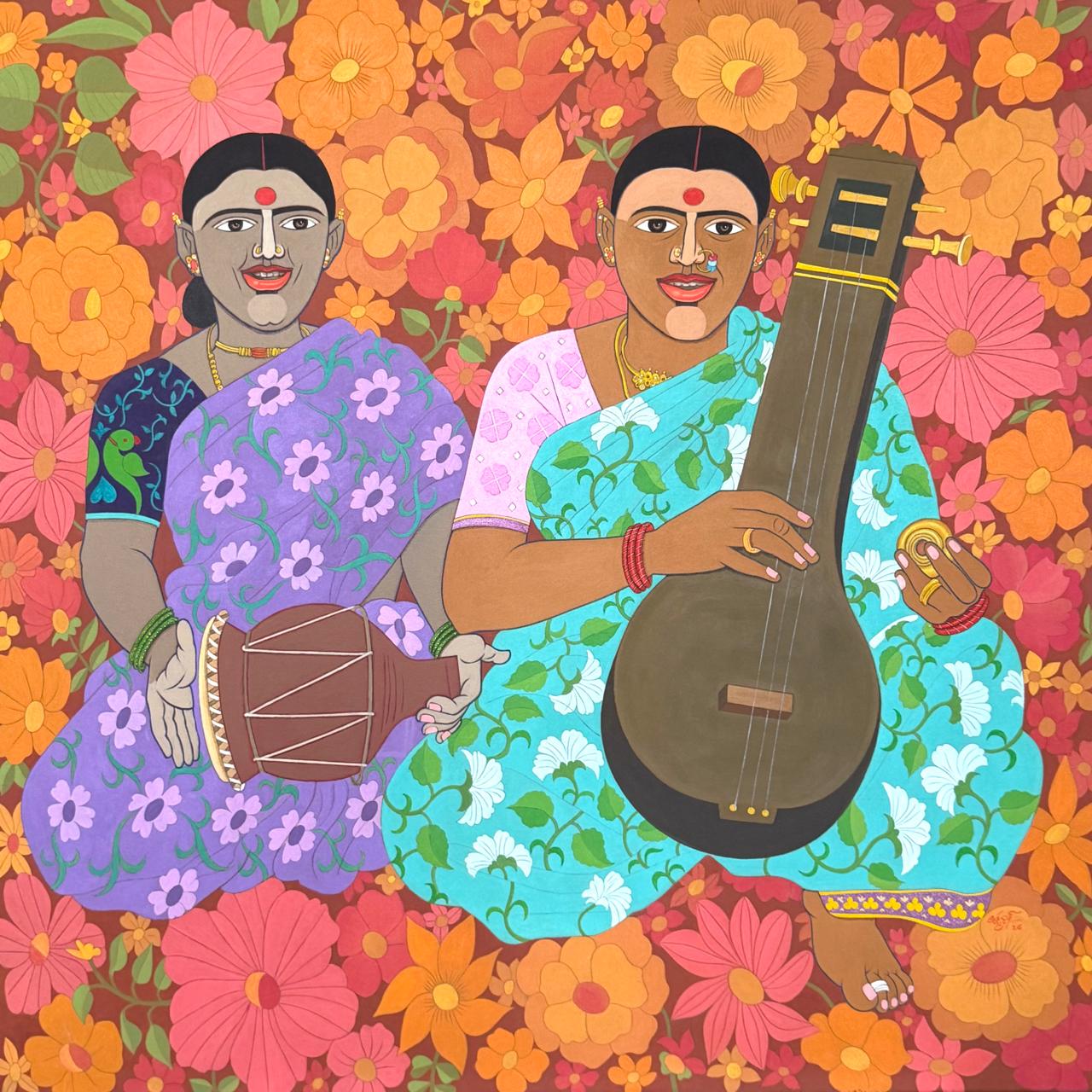 Figurative Fine Art: Indian women musicians painting by Laxman Aelay; Poolamma series.