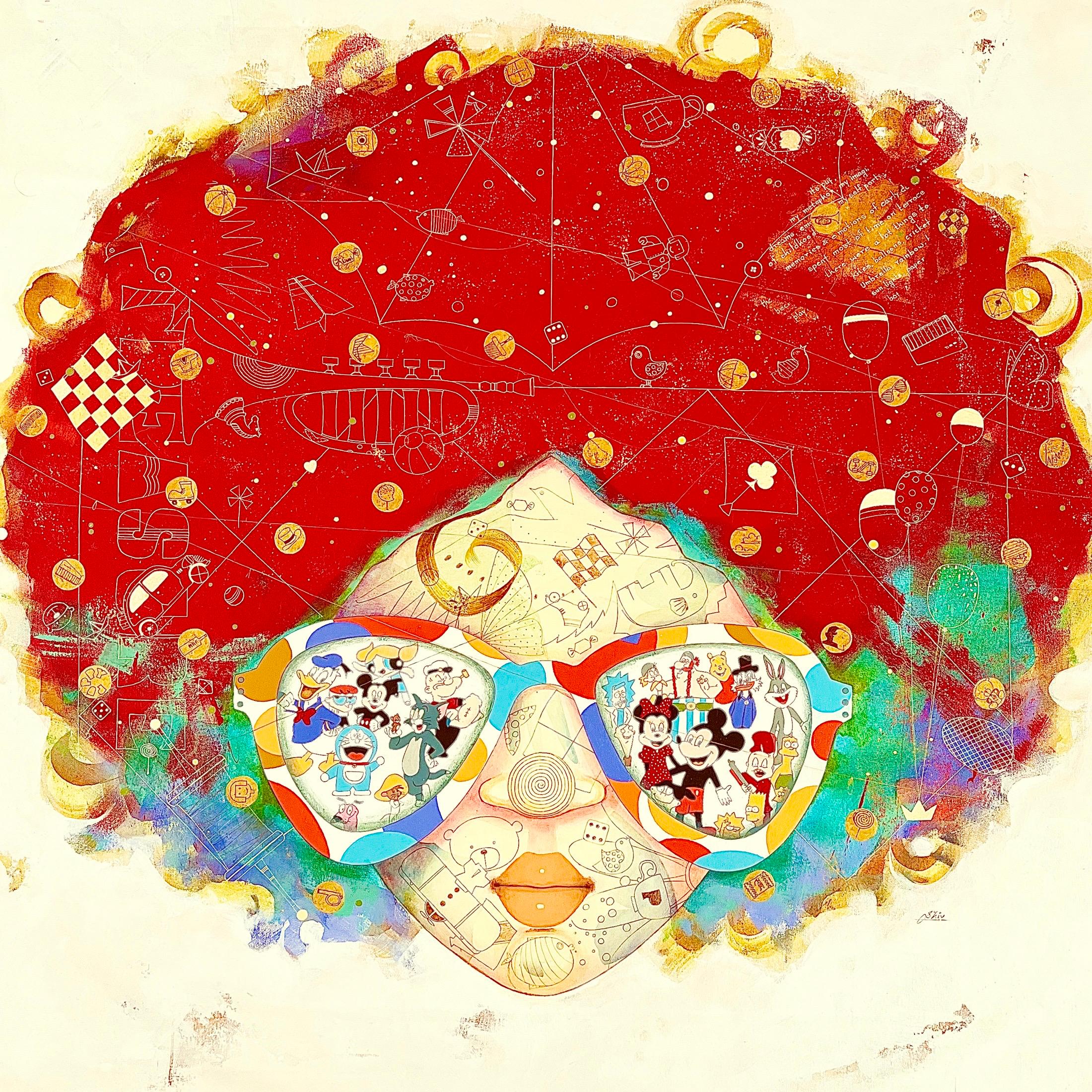 Colorful potrait painting of a young boy with sunglasses and red curly hair. Cartoon characters are visible in his sunglasses. 