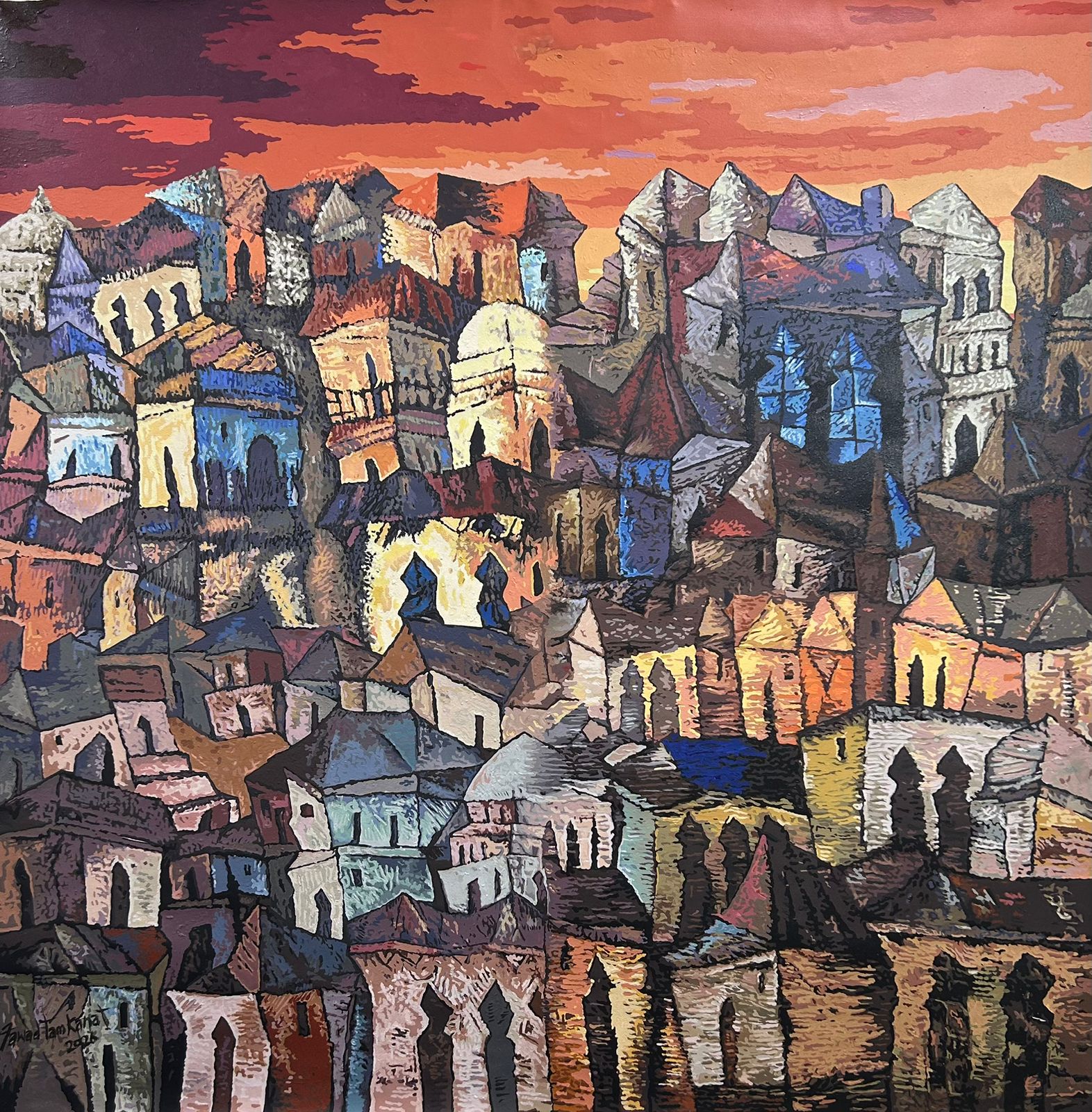 Square abstract cityscape painting by Fawad Tamkanat in orange sky and earthy brown tones in city. 