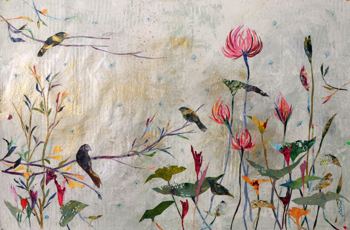 Shibani Sehgal mixed media art on paper features birds and flowers on delicate branches in soft tones.