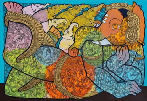 Lord Ganesha painting by Ramesh Gorjala featured detailing in Indian Kalamkari style.