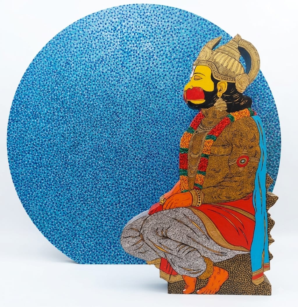 Reverse side detail of hand-painted Hanuman wooden sculpture set by Lord Hanuman wooden sculpture