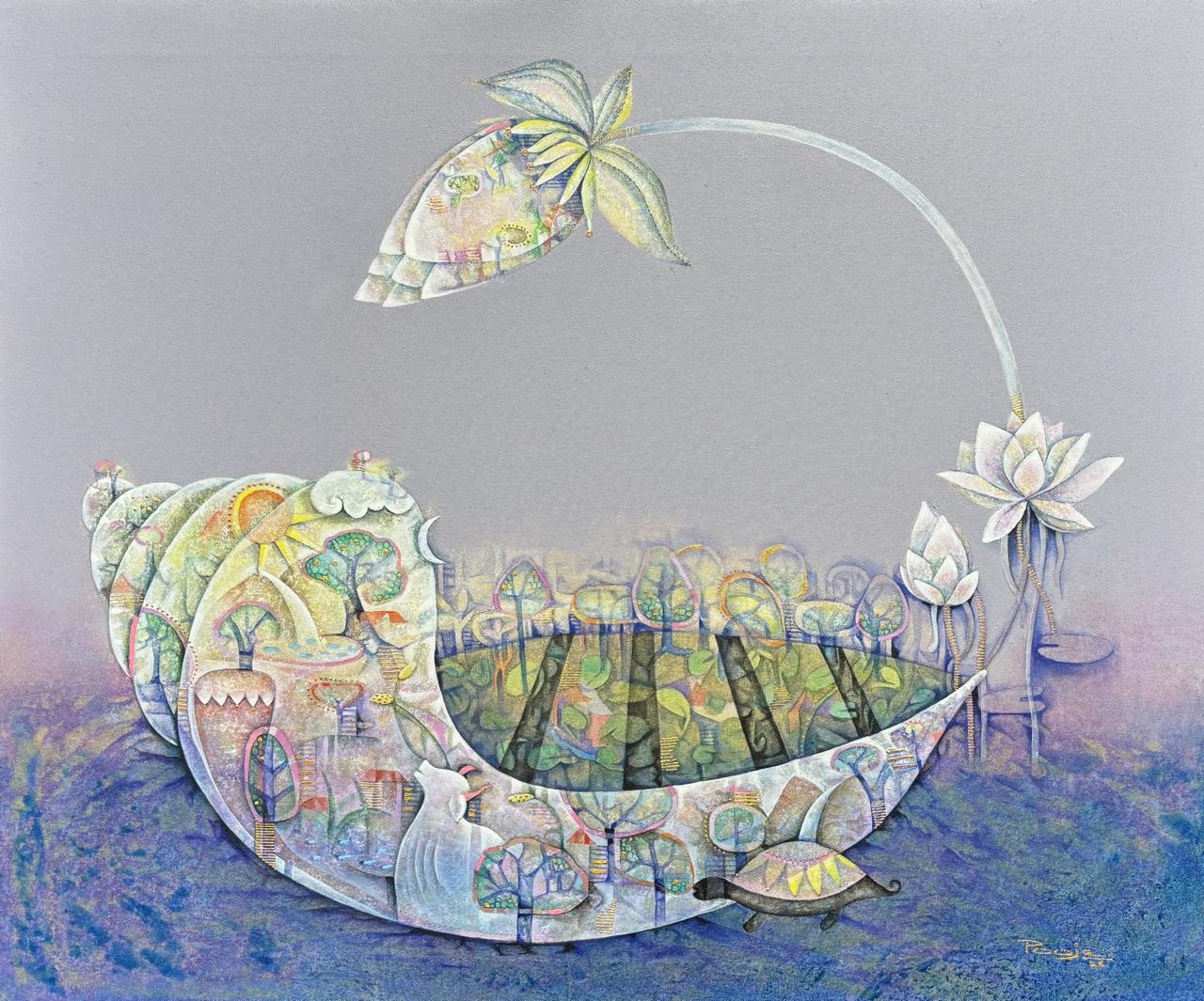 Pooja Mhatre's Lord Vishnu  painting showing a sea shell in the ocean sheltered by a blooming lotus canopy.