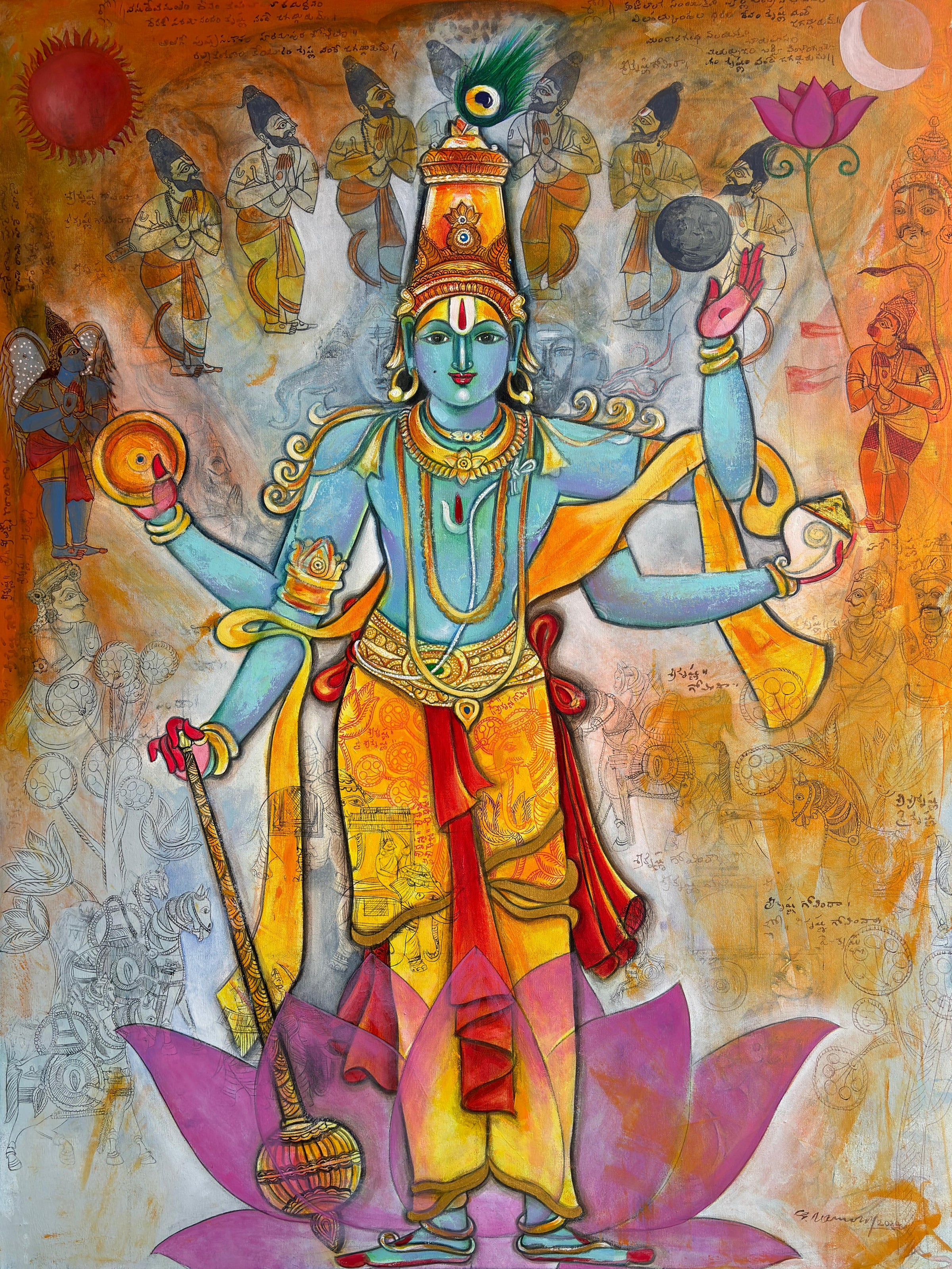 Pramod Reddy paints Lord Vishnu. Tamil native text from Indian scriptures appears in background. 