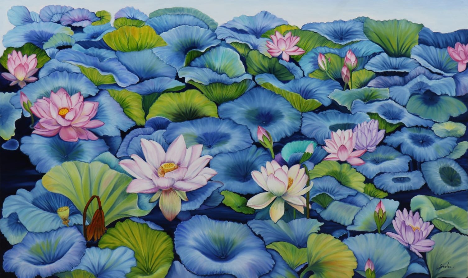 Sulakshana Dharmadhikari paints a beautiful lotus pond in this stunning oil on canvas painting.