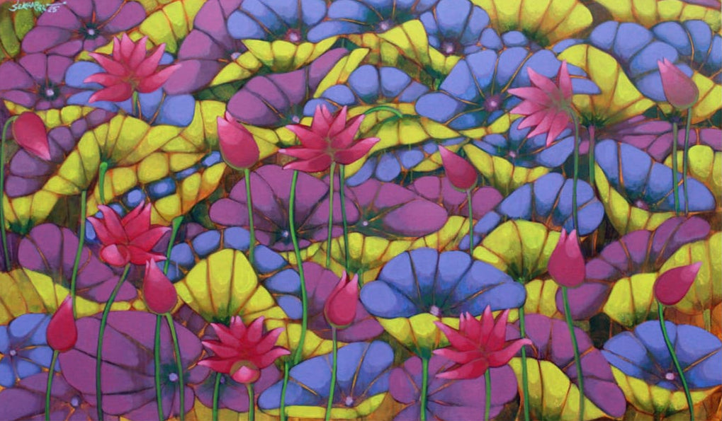 Sekhar Roy lotus blooms painting in glossy pink and blue tones for Vastu home decor.