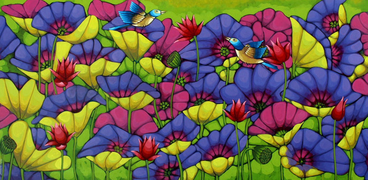 Colorful acrylic painting of lotus flowers and birds on canvas by Sekhar Roy.