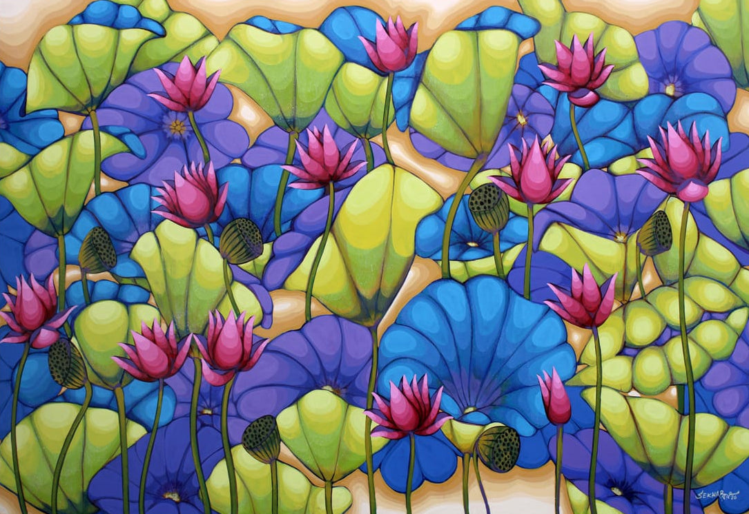 Colorful lotus flower painting on canvas with pink blossoms amongst blue and green leaves.