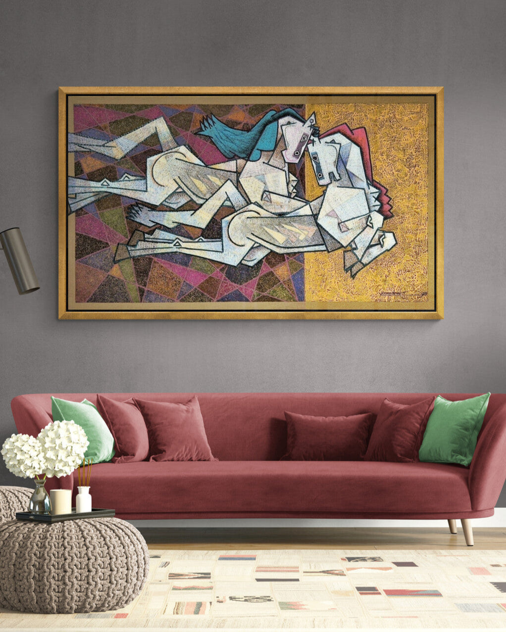Horses Pair by artist Dinkar jadhav. This work uses a unique combination of metallic gold with cubism to drawn upon the high energy of horses further.
