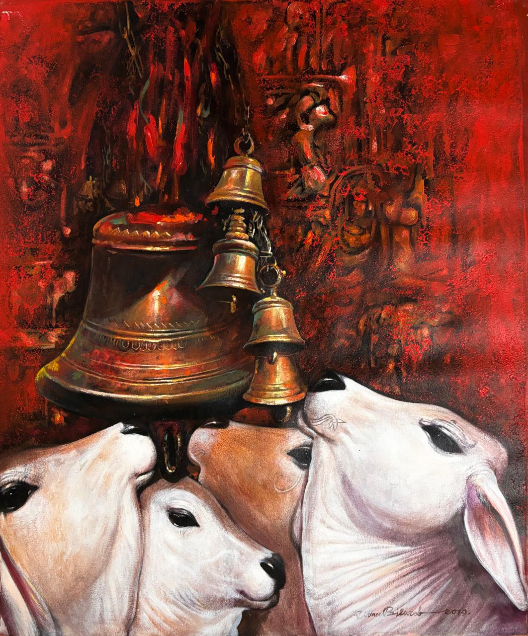 Jiban Biswas depicts Indian cow and calves trying to ring temple bells as devoted followers. 